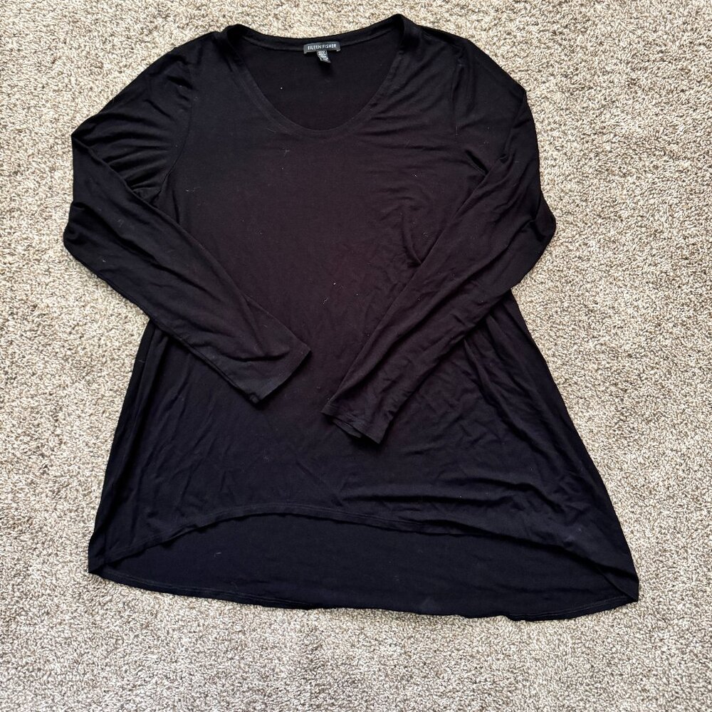 Eileen Fisher Asymmetrical Scoop Neck‎ Long Sleeve Casual Shirt Size Large Black